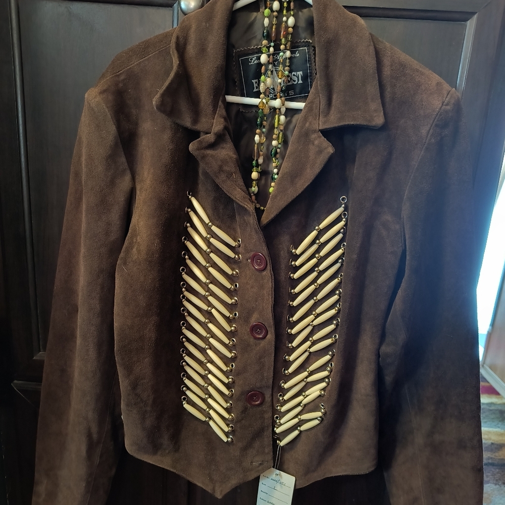 Rare NOS 1060s Brown Suede East-West Imports Jacket with Genuine Bone Beads